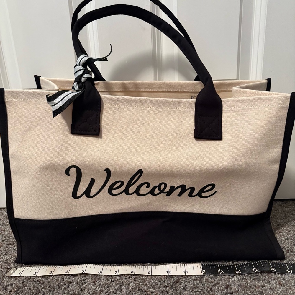 Welcome Canvas Tote Bag - Black and Cream